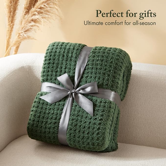 Madison Park Rowan Sherpa Throw Blanket Waffle Weave, 50 x 60, Green | Cozy Warmth for Sofa or Bed, Reversible, Lightweight, Farmhouse, OEKO-TEX Certified