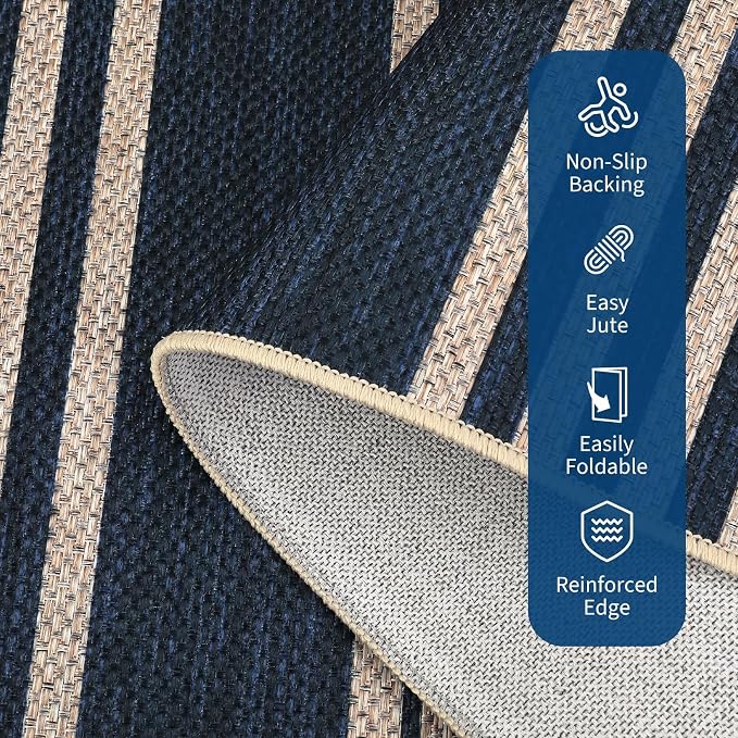 COZYLOOM Washable Living Room Rugs 9x12 Striped Easy Jute Rug with Non Slip Backing, Modern Stain Resistant Farmhouse Rugs for Patio Non Shedding Mats for Dining Room, Bedroom, RV, Navy Blue