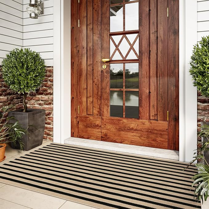 LEEVAN 3'X5' Black and Tan Striped Woven Cotton Reversible Outdoor Rug | Small Machine Washable Front Porch Rug, Entryway Door Mat, Indoor Layering Carpet for Farmhouse Bathroom Laundry