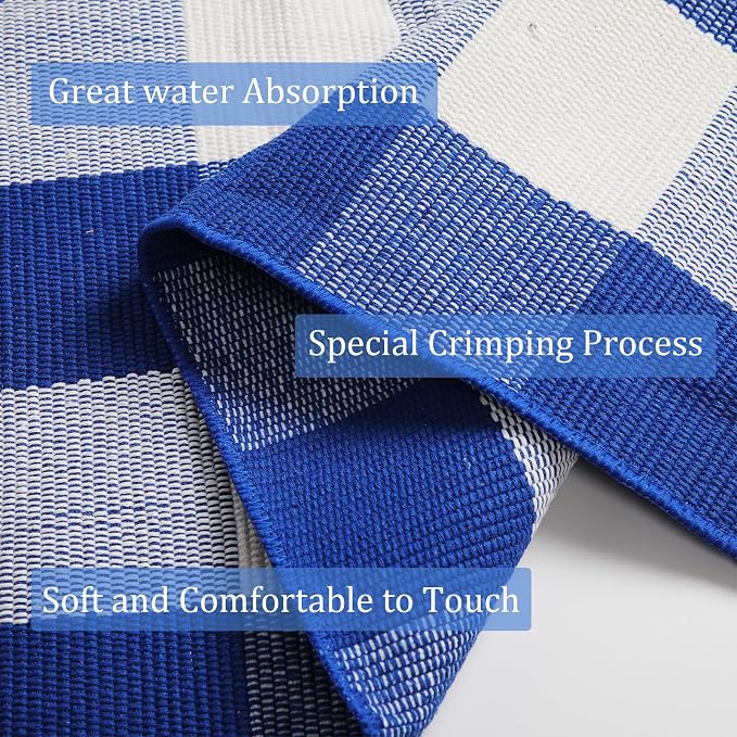 Buffalo Plaid Outdoor Rug 3x5 Ft Blue and White Checkered Area Rug Washable Doormats Indoor Outdoor Rugs for Layered Front Door Mats, Porch, Entryway, Kitchen, Farmhouse