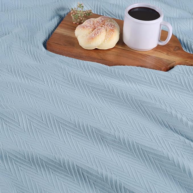 Superior Metro All-Season Cotton Blanket, Woven Blanket for Couch, Bed, Bedding, Farmhouse, Home Essentials, Cute and Cozy Bohemian Blankets, Herringbone Weave, King, Light Blue