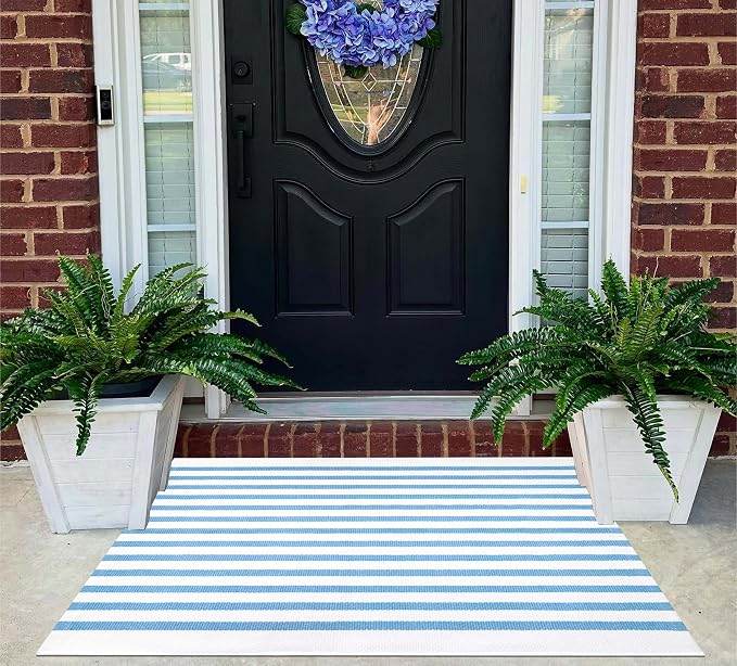 Light Blue White Outdoor Front Door Mat 24"x35",Cotton Woven Washable Striped Layered Doormat Indoor Outdoor Area Rug for Entryway Porch Decor Home Entrance
