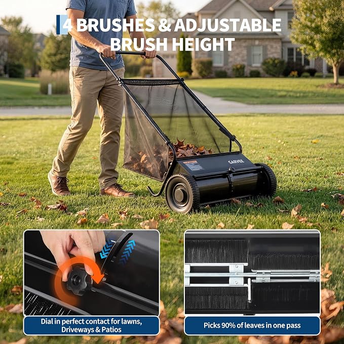 Garvee 26 Inch Push Lawn Sweeper, Walk Behind Leaf Grass Collector with 7 Cu ft Hopper Bag, Carbon Steel Frame, Yard Sweeper with Adjustable Brush Height for Garden Patio Driveway Leaves Cleanup | 7 Cu ft Hopper Bag, Carbon Steel Frame, Yard Sweeper wi...