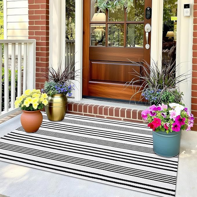 OLANLY Black White Modern Striped Rug 2' x 4'3" (24" x 51") – Washable Cotton Indoor Outdoor Doormat for Front Door, Entryway, Kitchen, Porch, Patio Decor
