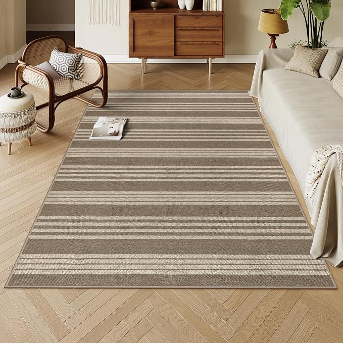 Lahome Striped Easy Jute Outdoor Rug 5x7, Living Room Area Rugs Washable | Patio Rug, Modern Farmhouse Neutral Mat, Non Slip Stain Resistance Indoor Carpet for Dining Room Sunroom Bedroom, Khaki Beige