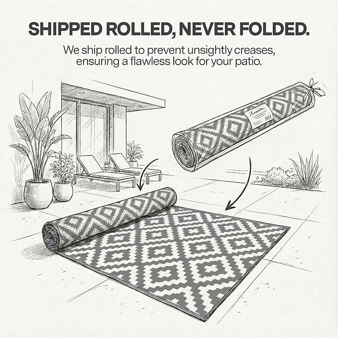 FH Home Outdoor Rug - Waterproof, Fade Resistant, Reversible - Premium Recycled Plastic - Geometric - Porch, Deck, Balcony, Mudroom, Laundry Room, Patio - Aztec - Gray & White Crease Free - 3 x 5 ft