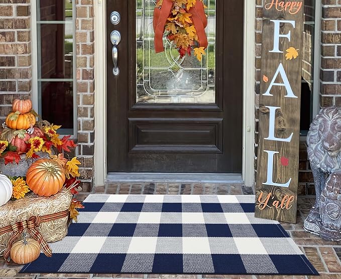 Front Door Mat Outdoor 24''x35''Blue and White Buffalo Plaid Area Rug Machine Washable Cotton Woven Layering Doomat for Hello/Welcome Mat Porch，Kitchen,Farmhouse,Entryway,Bedroom