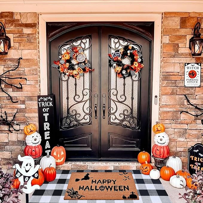 Halloween Decor Doormat Combo Set, 100% Coco Coir Welcome Mat + 3' x 5' Black and White Plaid Rug - Halloween Fall Front Porch Entryway Decor Floor Mat, Indoor Outdoor Autumn Mats Happy Halloween