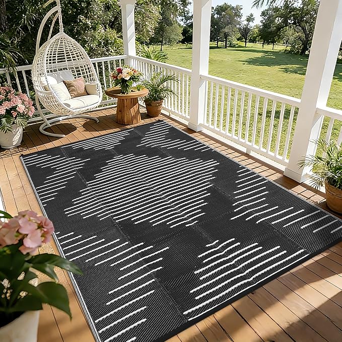 Garvee Area Rug 8x10 Waterproof Outdoor Rugs for Patio Plastic Reversible Rugs Easy-Cleaning Large Floor Mat for Outdoors Backyard Porch RV Beach Picnic Black White