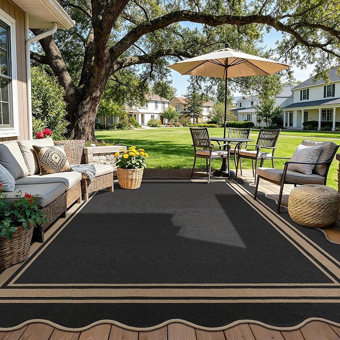 8x10 Scalloped Rug Easy Jute Washable Rug for Living Room Indoor Outdoor Black Geometric Non Slip Carpet for Under Table Neutral Carpet for Backyard Patio Dining Room