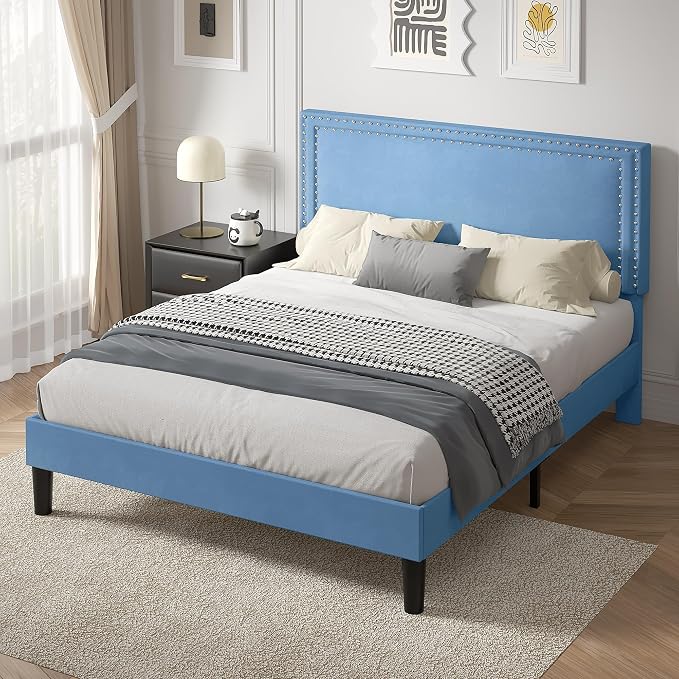 VECELO Full Size Platform Bed Frame with Height Adjustable Upholstered Headboard, Modern Mattress Foundation,Strong Wood Slat Support, No Box Spring Needed, Easy Assembly,Light Blue