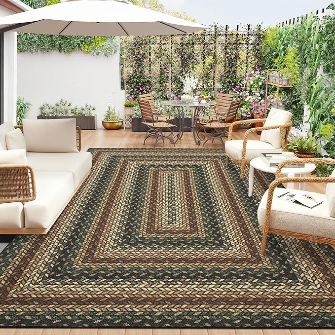 GarveeHome 8x10 Washable Living Room Area Rug Non Slip Braided Rugs | Low Pile Stain Resistant Dining Room Throw Carpet Indoor Outdoor Modern Bordered Area Rugs for Home Decor, Rust