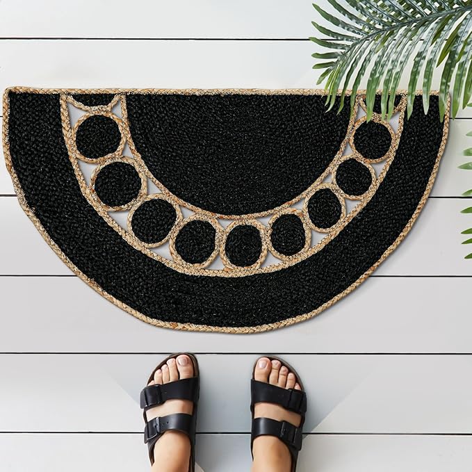 Boho Braided 1.5x3 Area Rug - Jute Natural Fiber Half Round Rug for Living Room Entryway, Farmhouse, Home, Indoor Rugs Jute Door mat for Bathroom, Kitchen (Black, 1.5 X 3 ft)