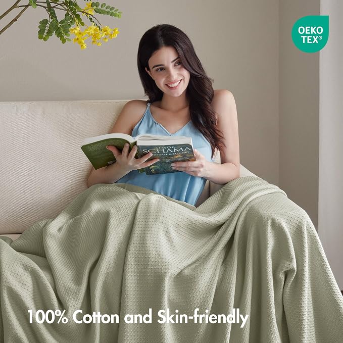 Madison Park 100% Egyptian Cotton Twin Bed Blanket for Summer Sage Green | Cozy Soft Breathable Durable, Waffle Weave Woven Casual, Lightweight Knit All Season Throw for Bed Couch or Sofa, OEKO TEX