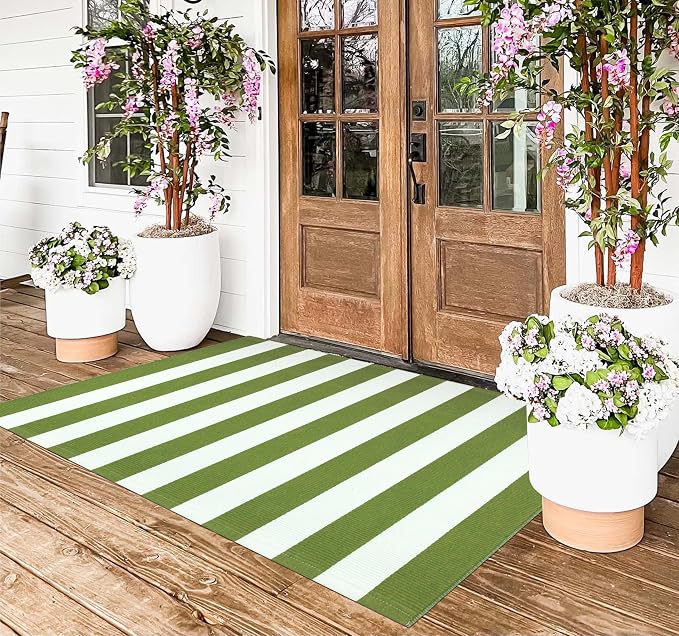 3'x5'Outdoor Rug,Striped Cotton Woven Washable Front Porch Rug Green and White Farmhouse Entry Rug Indoor Outdoor Area Rug for Porch/Home Entrace Decor/Bedroom/Layered Door Mats
