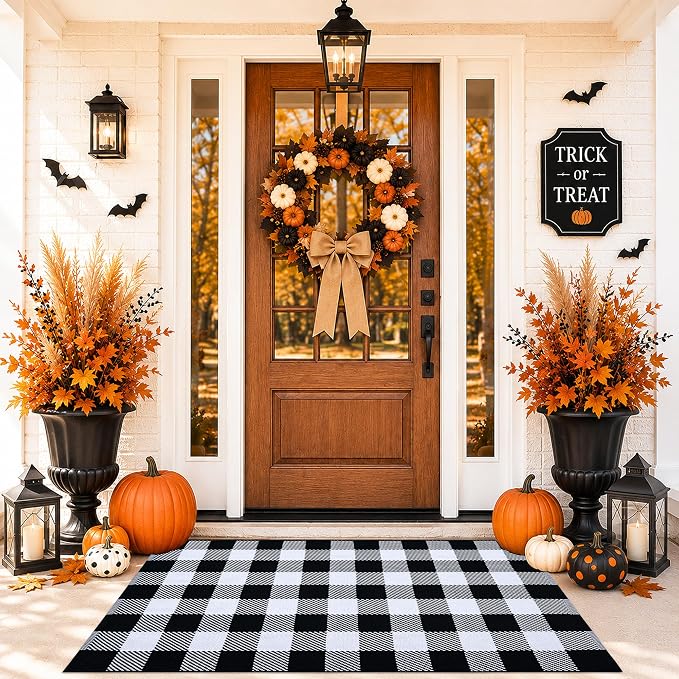 Black and White Buffalo Plaid Rug 3'x5', Machine Washable Layering Mat for Front Door, Entryway, Kitchen, Indoor Outdoor Low Profile Cotton Woven Check Rug