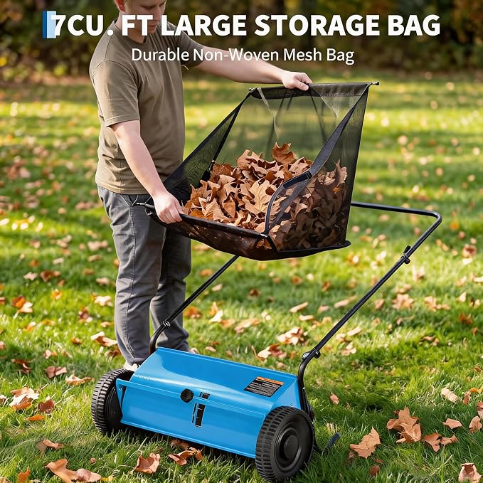 Heavy Duty 26-Inch Push Lawn Sweeper – 4 High-Speed Spinning Brushes | Durable Steel Frame, 7 Cu. Ft. Removable lawn mower, Rubber Wheels, Walk-Behind Leaf & Grass Collector for Lawn, Patio