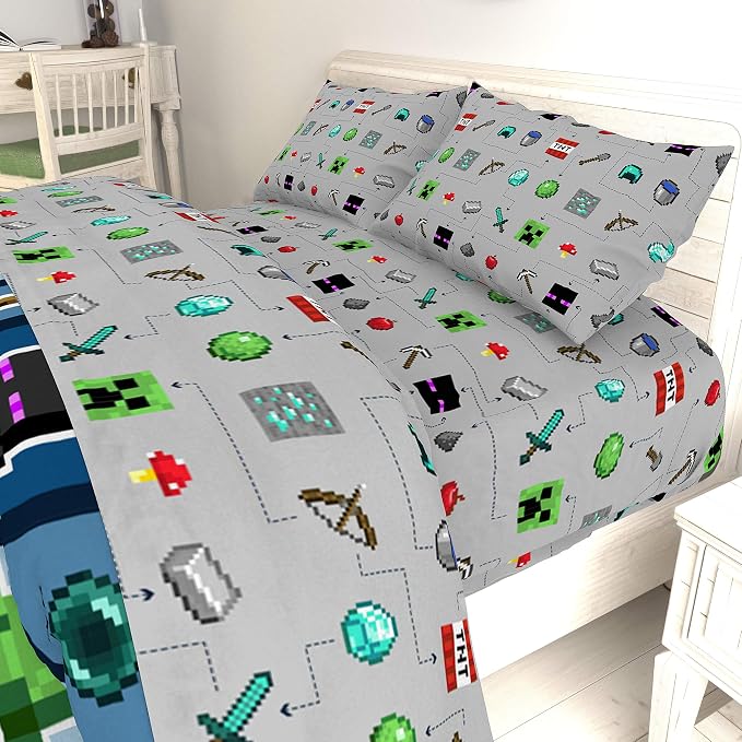 Jay Franco Kids Sheet Set with Fitted, Flat Sheets & Pillow Cover - Ultra-Soft Bedding with Pillowcase for Room Decor, Gray - Minecraft, 4 Piece Queen
