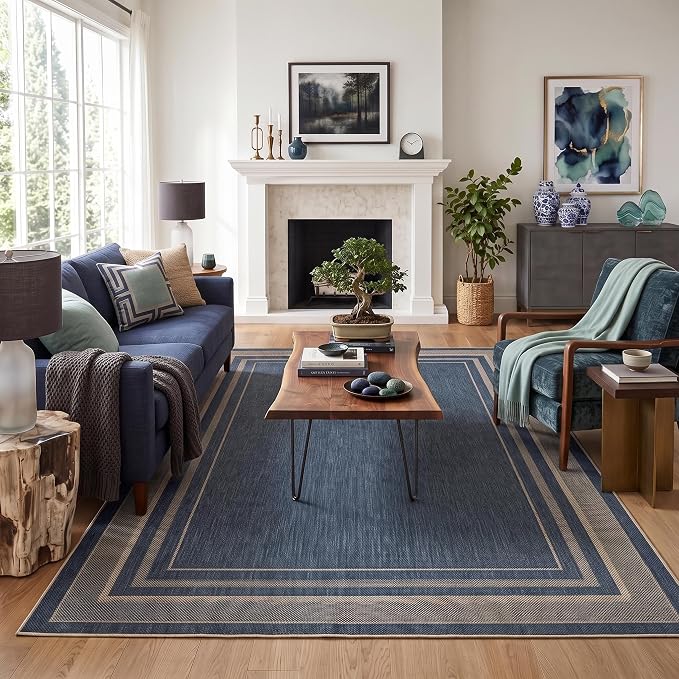 GarveeHome Easy Jute Rug 8x10 Washable Non Slip Solid Blue Living Room Rugs | Modern Easy Jute Living Room Rugs Neutral Bordered Stain Resistant Indoor Throw Carpet for Nursery Kitchen Entryway, Blue