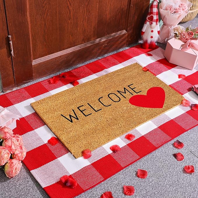 Moucuny 2 Pcs Valentine's Day Coir Welcome Doormat Valentine's Day Rug Outdoor Layered Buffalo Plaid Red and White Mat Red Heart Mat for Front Porch Entryway Outdoor