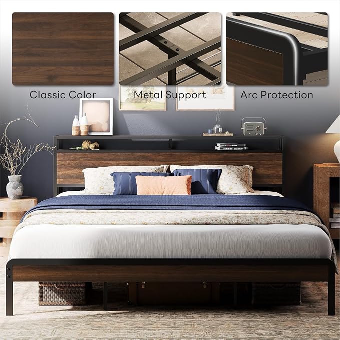 LIKIMIO California King Bed Frames with 2-Tier Storage Shelf Headboard | Dark Wood Platform Bed, Camas California King with Strong Metal Support, Sturdy, Noise-Free, No Box Spring Needed,Dark Walnut