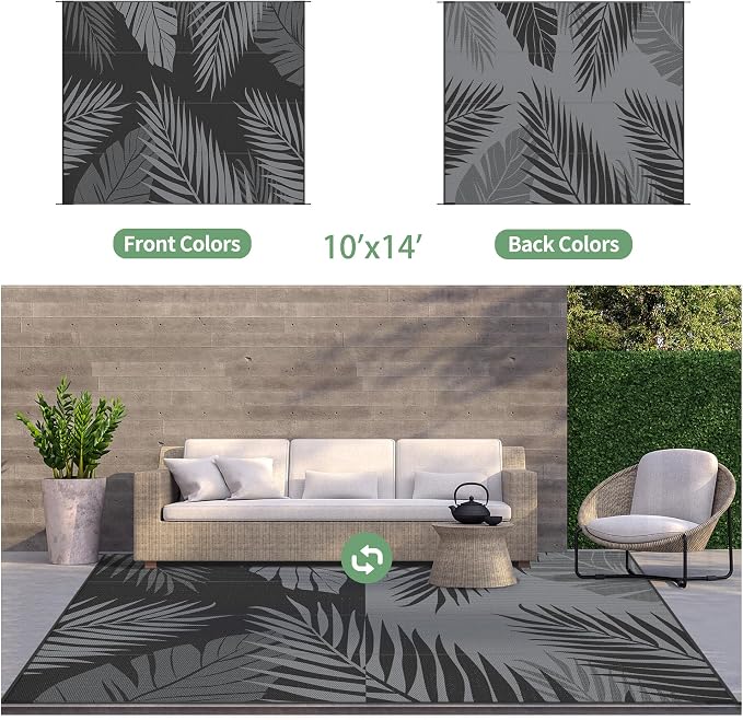 GENIMO Outdoor Rug, Waterproof Plastic Rugs 10'x14' for Camping Black Grey | Outside Larger Leaf Carpet Mat for Porch Decor, Deck, Camping, RV, Backyard, Balcony, Picnic, Beach, Reversible, Foldable