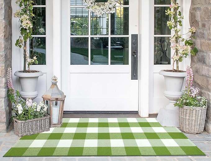 Green and White Front Porch Rug 2'X4.3'Buffalo Plaid Checked Outdoor Rug Cotton Woven Washable Layering Door Mat for Welcome Mat Entryway Bedroom Living Room