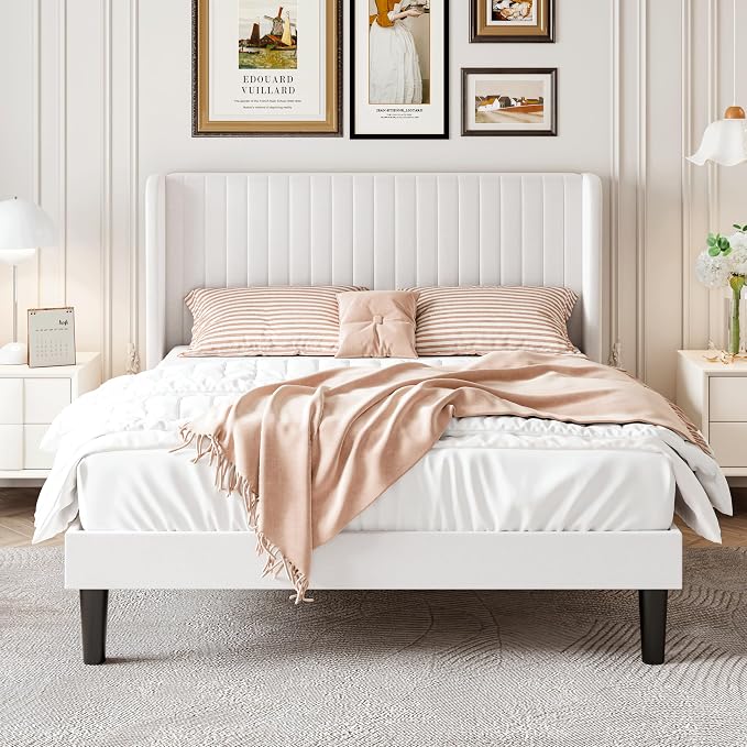 SHA CERLIN Queen Size Velvet Bed Frame, Tufted Wingback Headboard, White | 47'' Modern Vertical Channel Headboard, Upholstered Platform Bed, Wood Slats, No Box Spring Needed, Easy Assembly, Noise Free