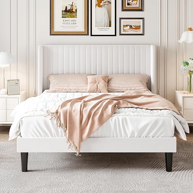 SHA CERLIN Full Size Velvet Bed Frame, Tufted Wingback Headboard, White | 47'' Modern Vertical Channel Headboard, Upholstered Platform Bed, Wood Slats, No Box Spring Needed, Easy Assembly, Noise Free
