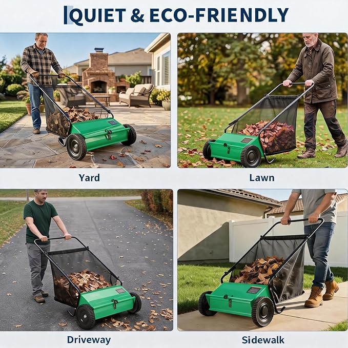 Heavy Duty 26-Inch Push Lawn Sweeper – 4 High-Speed Spinning Brushes | Durable Steel Frame, 7 Cu. Ft. Removable lawn mower, Ideal for Leaf & Grass Collection on Yard, Garden, Patio, Driveway –