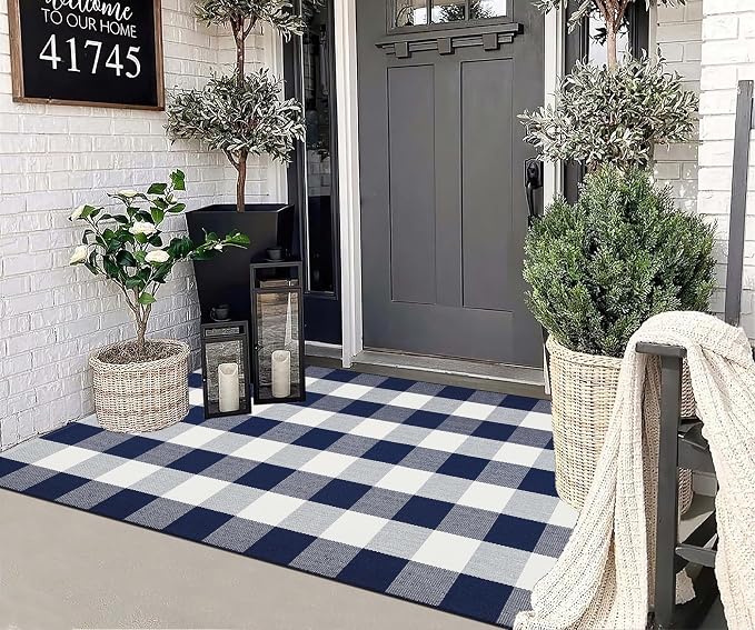 Blue and White Outdoor Rug 3'X 5' Buffalo Plaid Porch Rug Cotton Woven Washable Indoor Outdoor Area Rug for Welcome Door Mat Front Porch Entryway Bedroom Living Room