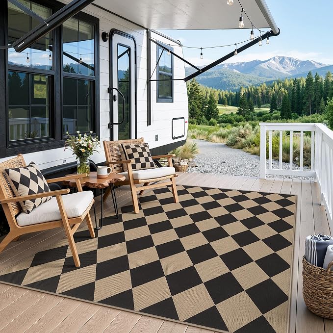 Tribesigns 5x7 Black Checkered Easy Jute Outdoor Patio Rugs for Backyard | Washable, Non-Slip Diamond Rug for Living Room, Porch, Dining Area, Camping, Rv and Indoor Outdoor Use, Includes 4 Rug Tapes