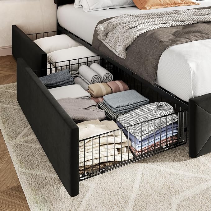 Allewie Upholstered King Size Platform Bed Frame with 4 Storage Drawers and Adjustable Headboard, Diamond Button Tufted, Wooden Slats Support, Noise-Free, No Box Spring Needed, Easy Assembly, Black