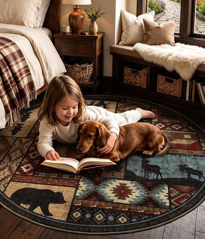 YIHOUSE Rustic Round Rug 4ft, Washable Circle Rug with Non-Slip Backing, Low Pile Soft Western Cabin Rugs for Living Room, Bedroom