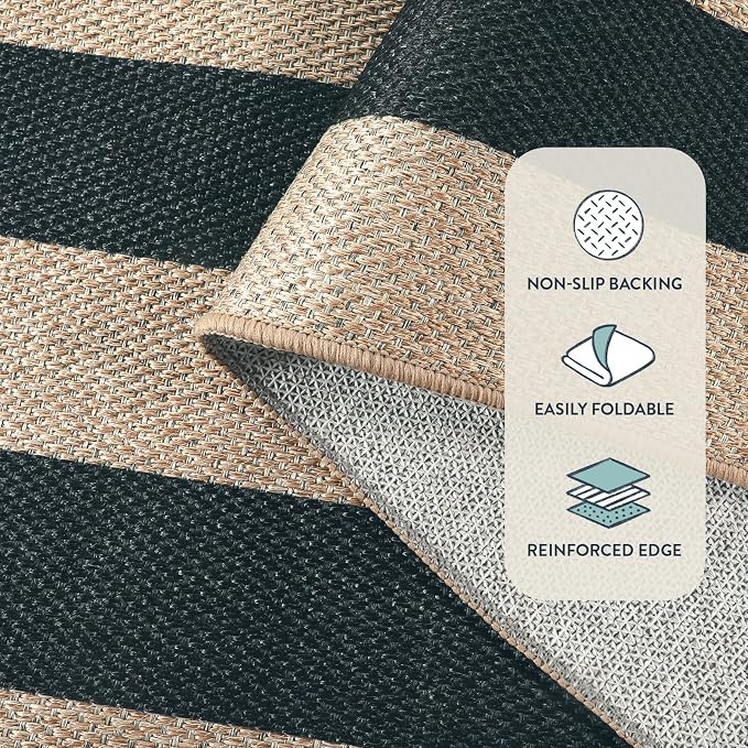 Lahome Striped Easy Jute Outdoor Patio Rug, 5x7 Living Room Washable Rugs | Dining Room Area Rug Black, Modern Farmhouse Neutral Non Slip Non Shedding Carpet for Porch Deck Classroom Entryway Office