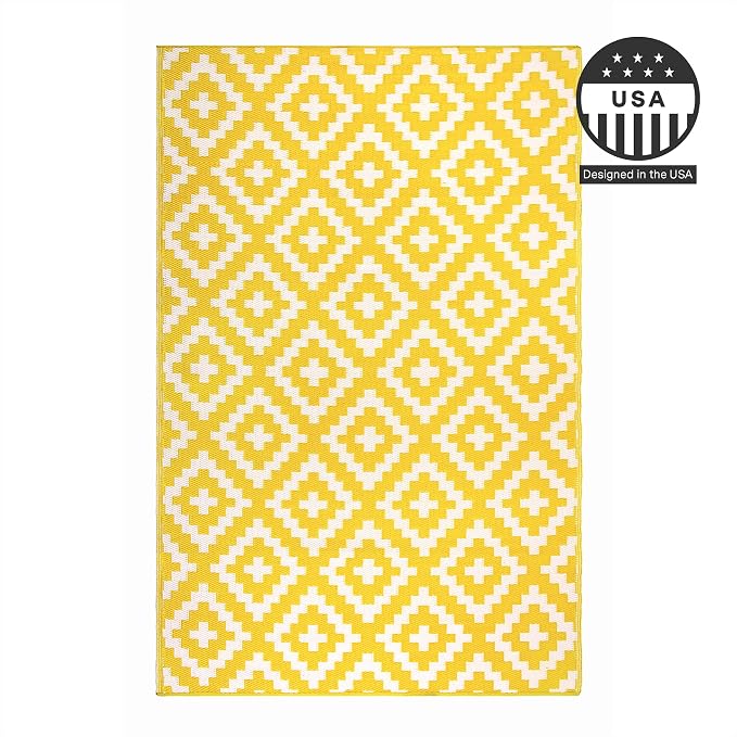 FH Home Outdoor Rug - Waterproof, Fade Resistant, Reversible - Premium Recycled Plastic - Geometric - Large Patio, Deck, Sunroom, Camping, RV - Aztec - Yellow & White Crease Free - 6 x 9 ft