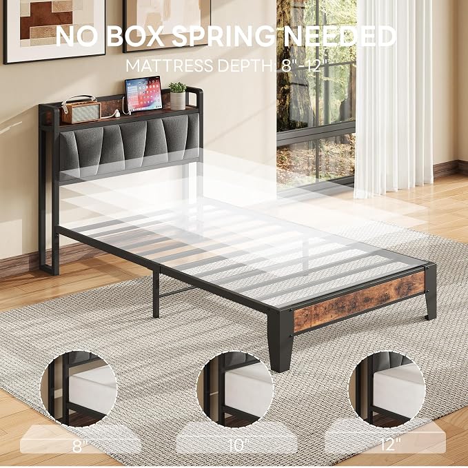 LIKIMIO Twin Bed Frames, Storage Headboard with Charging Station, Solid and Stable, Noise Free, No Box Spring Needed, Easy Assembly