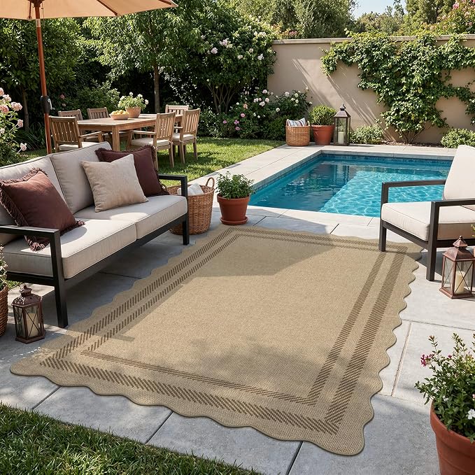 LIVEBOX Scalloped Easy Jute 4x6 Outdoor Rug, Washable Non Slip Geometric Area Rugs for Living Room Bedroom, Indoor Outdoor Farmhouse Rug Modern Carpet Door Mat Tan Rugs for Patio Dining Room Entryway