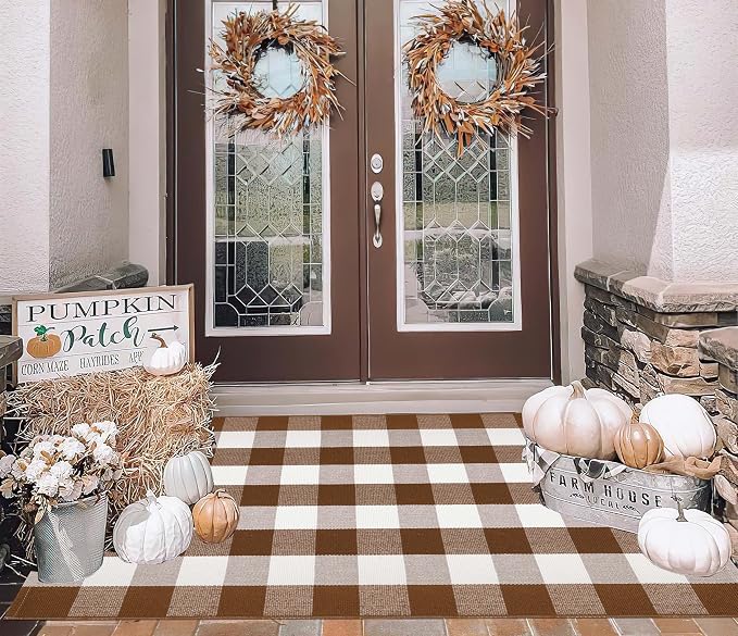 Fall Outdoor Rug 3'x5',Halloween Front Porch Rug Cotton Woven Washable Farmhouse Checkered Area Rug,Layering Rug for Hello/Welcome Door Mat Front Porch Decor