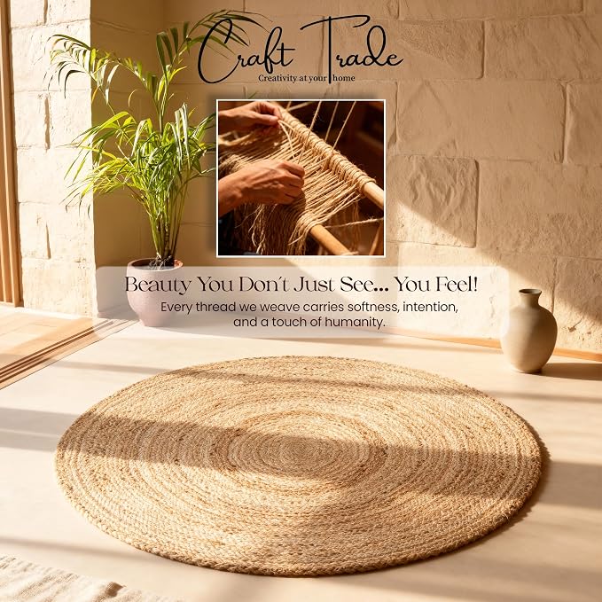 Craft Trade Large Hand Woven Jute Area Rug 6' Reversible Braided Farmhouse Living Room Outdoor Bedroom Natural Fiber Circular Vintage Sisal Boho Carpets (6ft, Round)