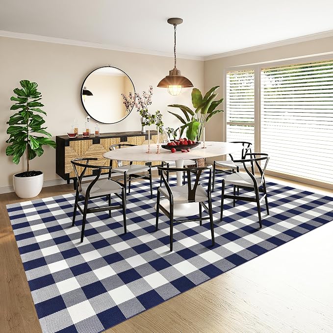 Buffalo Plaid Rug 6x9 Feet Buffalo Check Area Rug Cotton Woven Navy and White Checkered Washable Indoor Outdoor Carpet for Living Room Farmhouse Dining Bedroom Patio