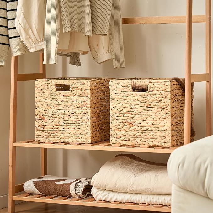 11x11x11 Wicker Storage Basket Set of 4, Water Hyacinth Woven Basket with Handles, Wicker Cube Storage Bins for Shelves, Foldable Square Storage Cubes for Living Room Bedroom Organizing, Natural