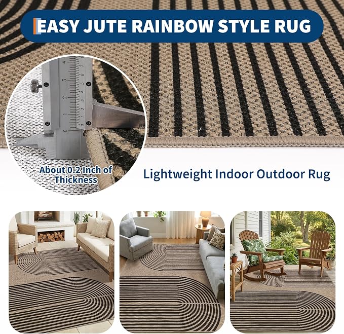 GarveeHome Modern Rainbow Easy Jute Rug 5x7, Washable Area Rugs for Living Room Farmhouse Dining Room, Contemporary Natural Non Slip Non Shedding Floor Carpet for Office RV Patio