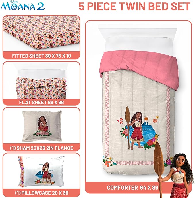 Disney Moana Twin Comforter Set 5 Piece Kids Bedding for Girls, Beige | Bed in a Bag, Comforter Sheets Sham Pillowcase, Official Brand, Soft Microfiber, Machine Washable, Girls Gift