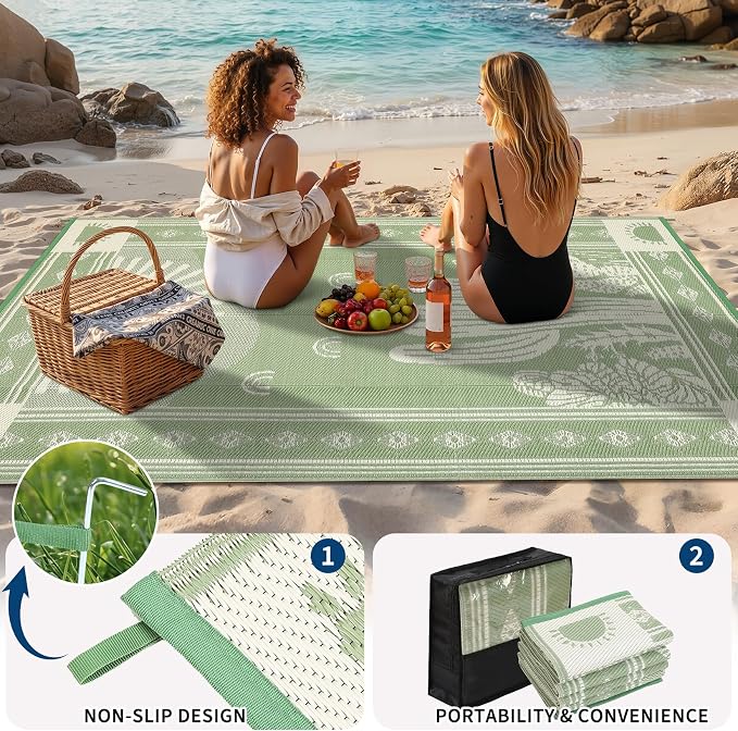 Garvee Waterproof Outdoor Rug 5x8, Cactus Botanical Outdoor Plastic Straw Rug for Camping, Reversible RV Mat Outside, Indoor Outdoor Carpet for Porch, Deck, Backyard, Balcony, Picnic, Sage Green
