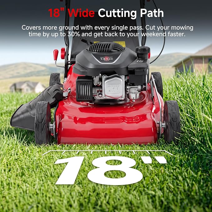 18-Inch Gas Lawn Mower, 131cc 4-Stroke OHV Engine, 3-in-1 Push Walk-Behind | 18" Blade | 3-in-1 Mulch/Bag/Rear Discharge with 50L Grass Tank | Yard Garden | 8 Cutting Height Adjustment | Steel Deck