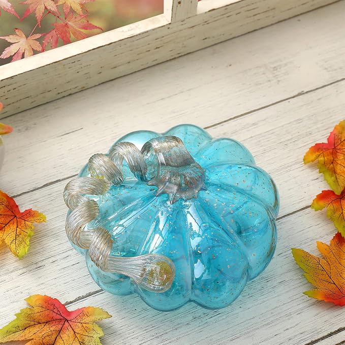 Glitzhome Hand Blown Glass Pumpkin Decor 5" Blue - Artisan Fall Table Centerpiece for Thanksgiving Harvest Home Decor Halloween Displays