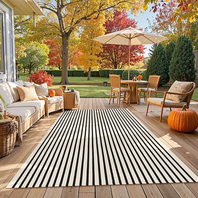Collive Black and White Outdoor Rug, 5x8ft Striped Outdoor Rug, Reversible Washable Patio Rugs, Cotton Hand Woven Indoor Area Rug Floor Carpet for Outdoor Indoor Porch