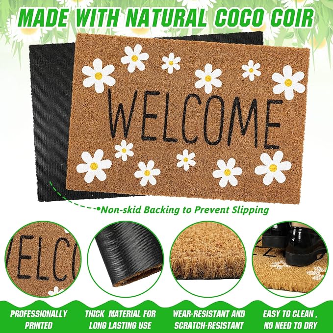 Ceenna Spring Daisy Welcome Doormat Outdoor Spring Flower Coir Door mat with Non Slip Backing White Daisy Flower Front Door Mat Front Porch Rugs for Home Entrance, 16 x 28 Inches