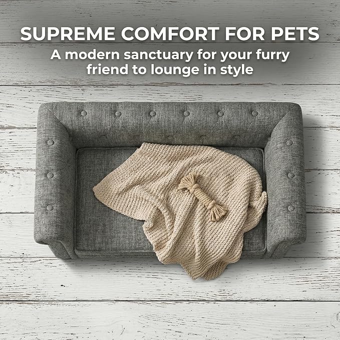 38.9" Upholstery Elevated Dog Sofa with Button‑Tufted Backrest & Rolled Armrests, Pet Couch Bed with Removable Soft Cushion, Comfy Modern Deep Seat Raised Dog Bed for Living Room, Bedroom, Light Grey